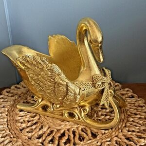 Vintage Style Gold Gilded Swan Sleigh Bowl Centerpiece Dish Ornate Holiday Decor